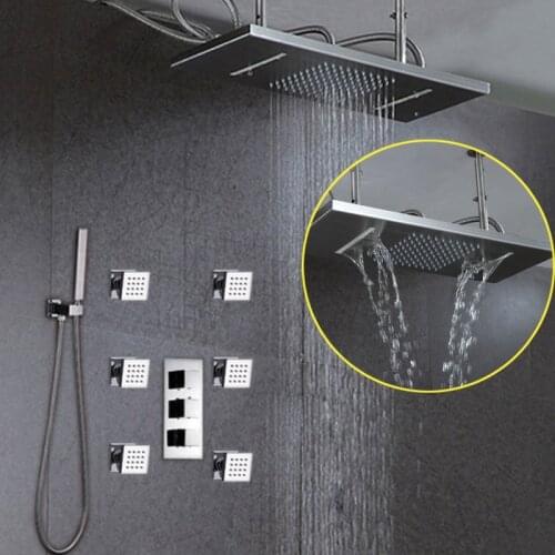 Ceiling Mounted Shower Set Auto-Thermostat Control Shower System Rainfall Waterfall Brass Bathroom Shower Jetting Massage Heads