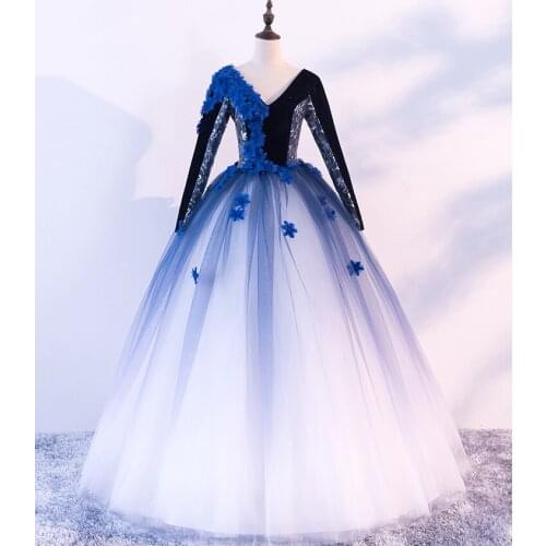 Luxury stage perofrmance gown long sleeve ball gown V collar blue silk flowers medieval dress Renaissance gown queen cosplay