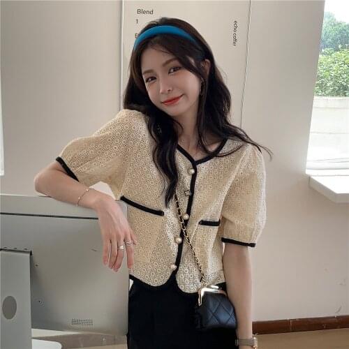 Shirts Women French Vintage Lovely Simple Hollow Out Design Girls Tops Cropped College All-match Summer Trendy Retro Clothes Ins