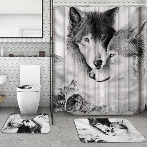 Cool Wolf Couple Art Print Waterproof Shower Curtain and 3-Piece Toilet Cover Mat Floor Rugs Home Bathroom Decoration