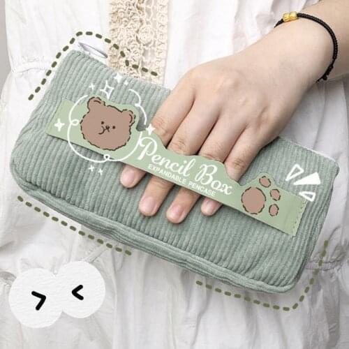 Kawaii Pencil Cases Large Capacity Pencil Case Stationery Corduroy Pencilcase School Supplies Bear Pen Case Cute Pencil Bag