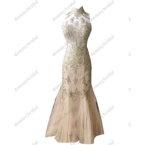 2022 Vintage Champagne High Neck Mermaid Prom Formal Dresses Evening Gowns Gold Lace Patterned Hollow Back Long Cheap Party