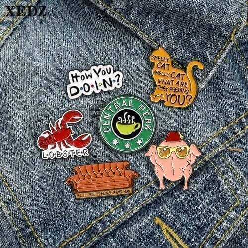 XEDZ Fashion Enamel Brooch Letters Cat Crayfish Glasses Chicken Sofa Green Round Coffee Cup Thumbtack Fun Lapel Pin Jewelry Gift