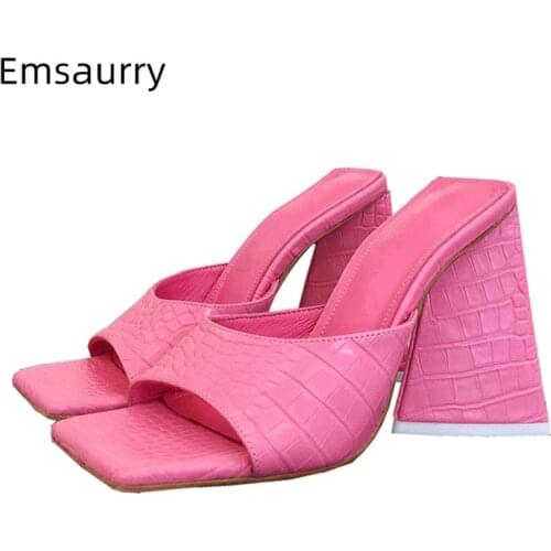 Multicolor Real Leather Mules For Girls Lady Sexy Square Open Toe Triangle Chunky Heel Slingbacks Summer Womens Sandals