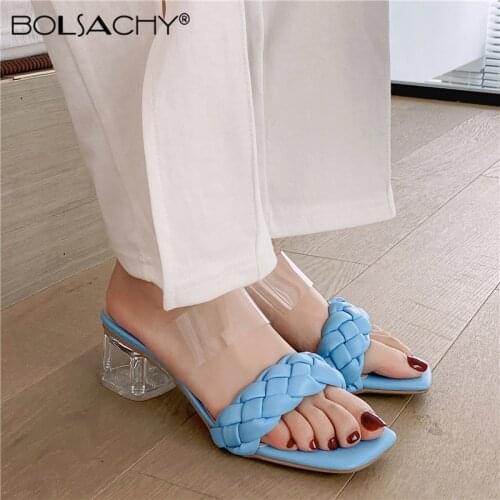 2021 Summer New Fashion Design Weave Women Sandals PVC Transparent Crystal Square High heels Ladies Sandals Open Toe Shoes Blue