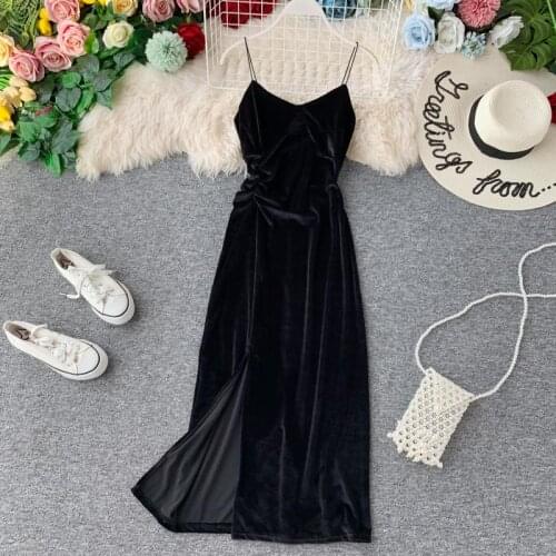 2021 summer new sexy velvet dress female mid-length slim V-neck suspender dresses split dress vestidos
