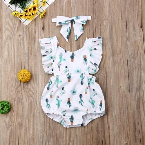 2019 Summer Toddler Baby Girl Clothing Ruffle Cotton Cactus Print Romper Backless Jumpsuit Headband Outfits Clothes Set