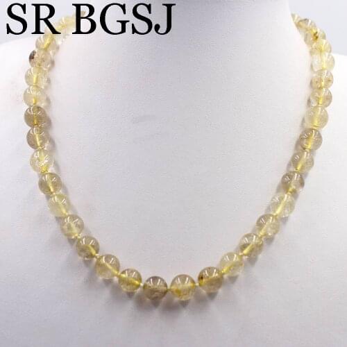 Free Ship 10mm Genuine Gold Rutilated Quartz Handmade Round Gems Beads Knot Women Jewelry Necklace Strand 17.5"