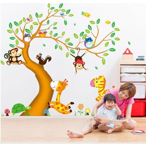 Large Cartoon Animal Tree Wall Stickers for Kids Room Decoration Living Room Bedroom Removable PVC Wallpaper Furniture Decals