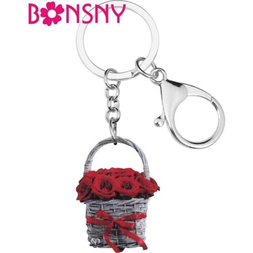 Bonsny Acrylic Valentines Day Rose Basket Key Chains Rings Bag Car Purse Decoration Keychains For Women Girls Teens Charm Gift