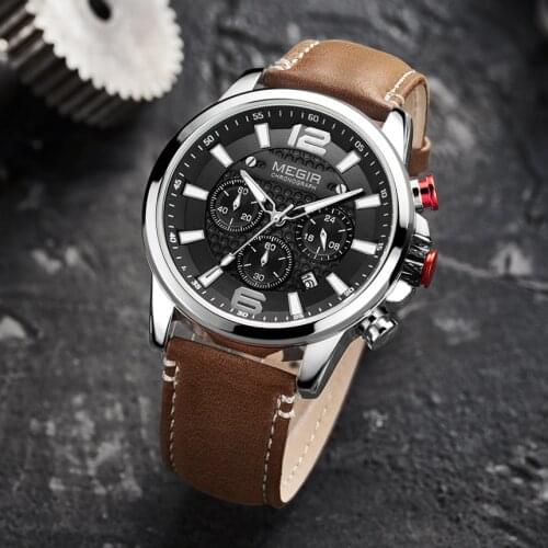 MEGIR Mens Quartz Wrist Watch Man with Leather Strap Chronograph Sports Mens Watches Clock Waterproof Men Quartz Wristwatches