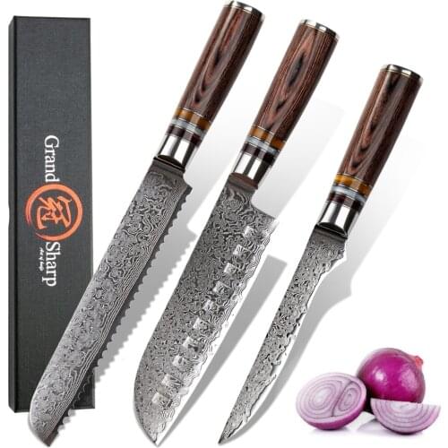 Damascus Kitchen Knives Set vg10 Japanese Damascus Steel Santoku Bread Boning Knife 3PCS Chef Knife Set Home Cooking Tools Steel