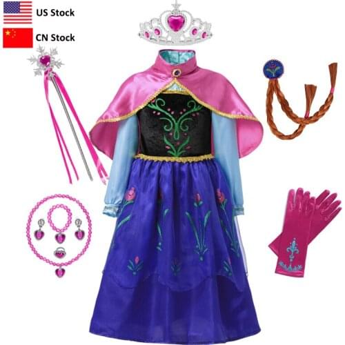 Girls Anna Elsa Princess Dress Kids Costume Set With Crown Gloves Wig Snow Queen Children Birthday Halloween Party Cosplay Dress