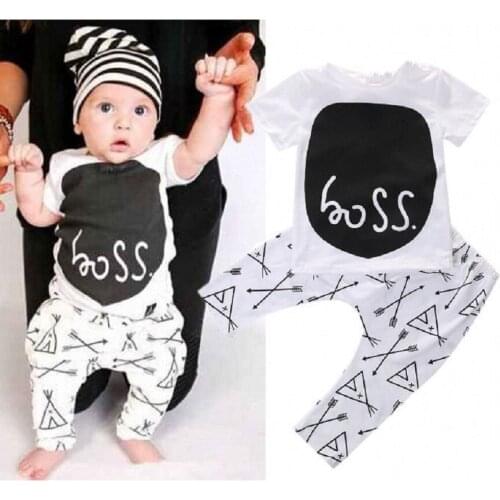 Newborn Toddler Baby Boys Clothing Sets Summer Outfits Boss Print T-shirt +Pants 2Pcs Black White Lovley Kids Clothes Sets