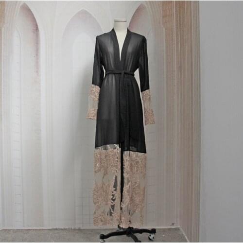 Moroccan Kaftan Fashion Transparent Mesh Embroidered Muslim Simple And Elegant Long Cardigan Middle Eastern Robe For Women