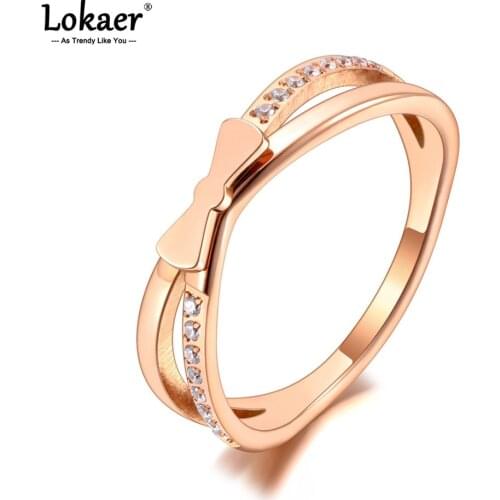 Lokaer Trendy Titanium Stainless Steel Mosaic Rhinestone Bowknot Rings Luxury Rose Gold CZ Crystal Wedding Ring For Women R21006
