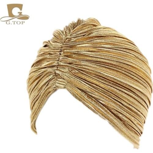 New luxury shimmering ruffle turban Women Chimio Bandana Hijab Pleated Indian Cap Turbante Hat free shipping