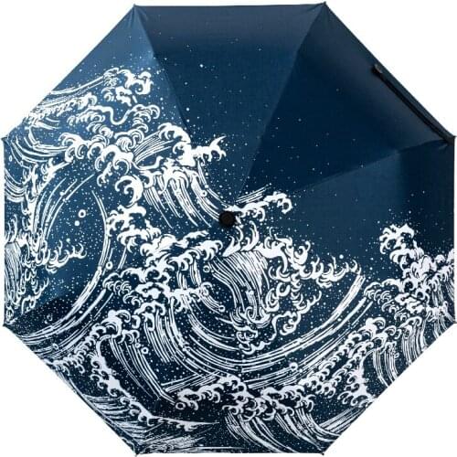 New Japanese Kanagawa Surfing Three Folding Umbrella 8Rib Wind Resistant Frame For Women Waterproof Pencil Travel Umbrella