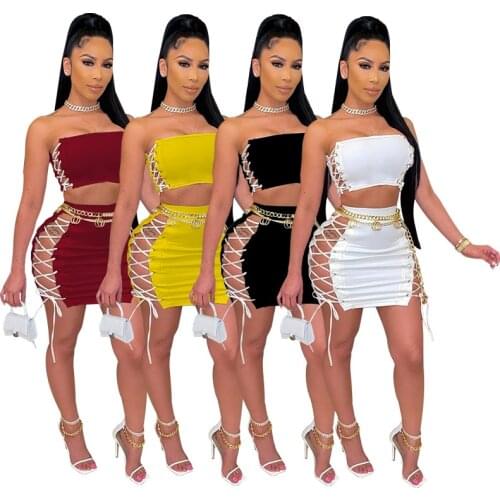 Sexy Women Skirt Set Strapless Crop Top + Mini Dress Cross Bandage Party Night Clubwear Tracksuit Summer Clothes For Women