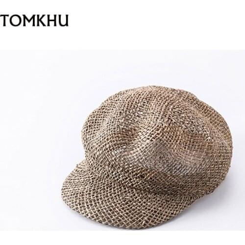 TOMKHU New Straw Sun Hats Newsboy Cap Women Baker Boy Hat Female Khaki British Style Retro Designer Brand Summer Octagonal Cap