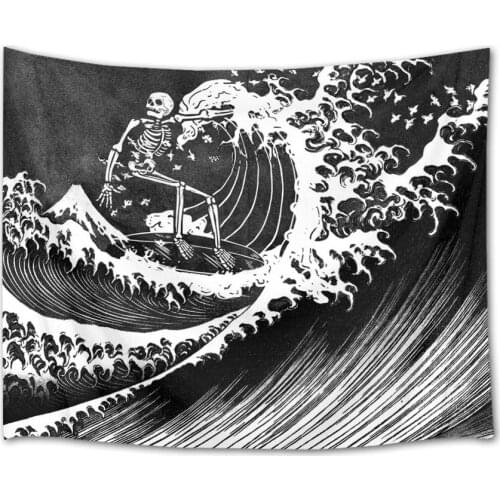 Funny Skull Skeleton Sea Wave Surf Surfing Tapestry Decor Mandala Tapestry Indian Home Decor Big Hippie Wall Hanging Blanket