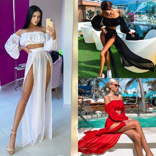Sexy Mesh Sheer Bikini Cover-ups Set See-through Long Sleeve Crop Tops Floor-length Skirt Two Piece Swimwear Beach Women Suit
