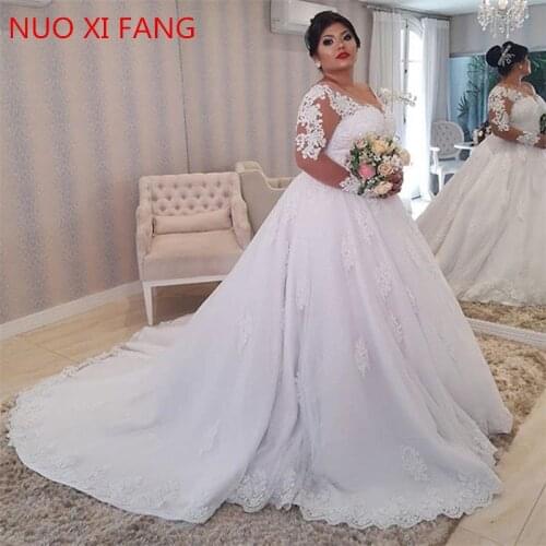 Plus size wedding dress Luxury Pure White Lace Appliques Scoop Neck Bridal With Long Sleeve Ball Gown Elegant vestido de noiva