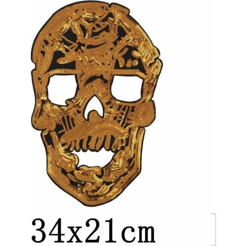 T-N Big Size 34cm Sequin Skull Embroidery Beaded Patches Gold Shine Horrible Fashion Applique Stickers Sewing On For Clothes DIY