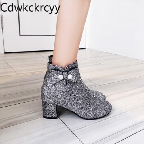 Winter The New fashion Round head Side zipper Fang He Women boots Silver Sequin Bow Plus velvet Keep warm High heel Women boots