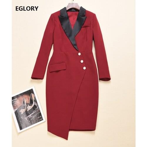 Top Quality New Long Blazer Dress 2020 Autumn Winter Business Women Notched Collar Beading Buttons Long Sleeve Slim Fitted Dress