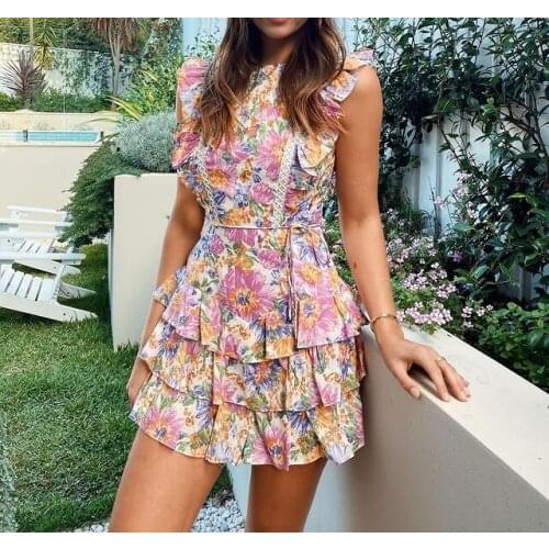 Happie Queens women floral print o-neck beach Bohemian sundress button cotton mini dress vestidos