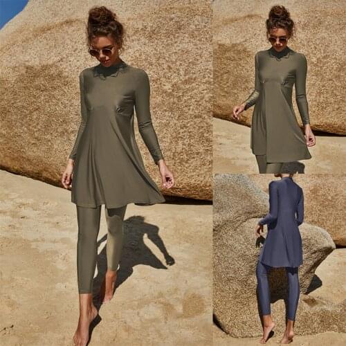 2021 Muslim Swimwear Women Solid Color Full Sleeve Side Slit Swimsuit 2pcs Islamic Burkinis Female Bathing Suit Two Piece Sets