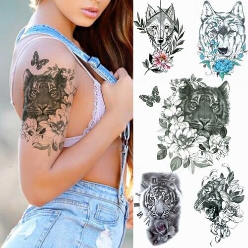 3D Ferocious Tiger Tattoos Sticker Black Flower Temporary Tattoos For Women Girls Pretty Butterfly Washable Fake Tatoo For Arm