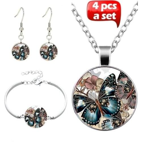 4pcs/Set New Trendy Butterfly Necklace Bracelet Earrings Photo Tibet Cabochon Glass Pendant Women Girl Family Bridesmaid Gift