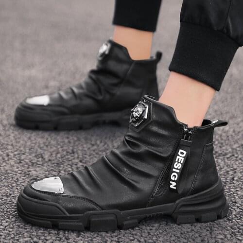 BomKinta Mens Boots Metal Toe Leather Sneakers Men Pleated Motorcycle Boots Men High Top Designer High Quality Botas Hombre