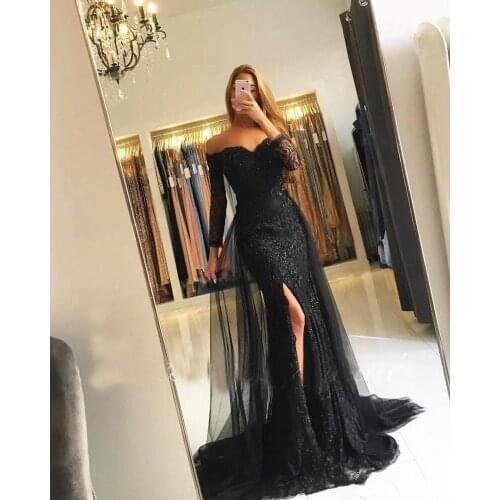 Black Muslim Evening Dresses 2021 Mermaid 3/4 Sleeves Lace Beaded Slit Tulle V-Neck Dubai Kaftan Saudi Arabic Long Evening Gown