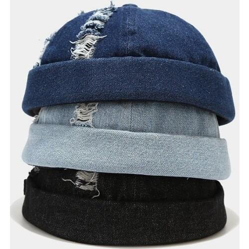 New Hole Denim Adjustable Brimless Melon Cap Hip Hop No Visor Spring Summer Fashion Beanie Personality MenS Hat