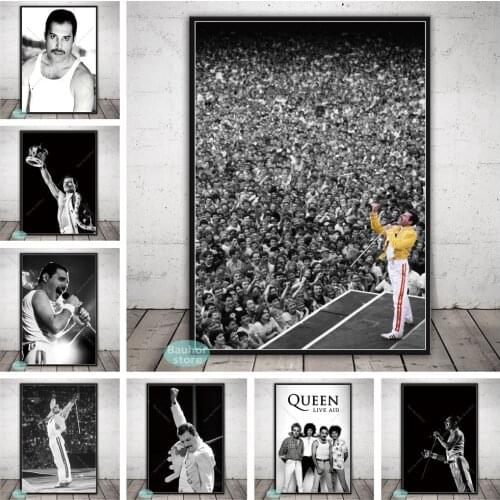 Freddie Mercury Art Poster Queen Rock Band Black White Retro Posters and Prints Wall Decoration Canvas Painting Home art