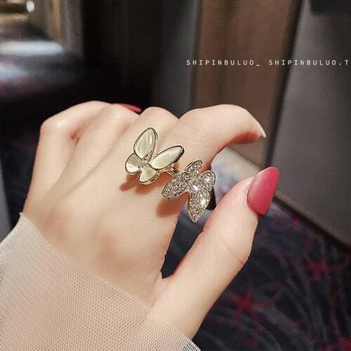 BUDROVKY Biyi Double Flying Diamond Butterfly Ring Fashion Personality Opening Adjustable Opal Food Ring ins Wind Ring