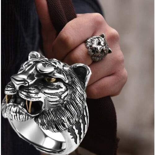 Punk Hip-Hop Silver Color Tiger Head Ring King of The Forest Domineering Gothic Accessories Punk Retro Biker Jewelry Gifts