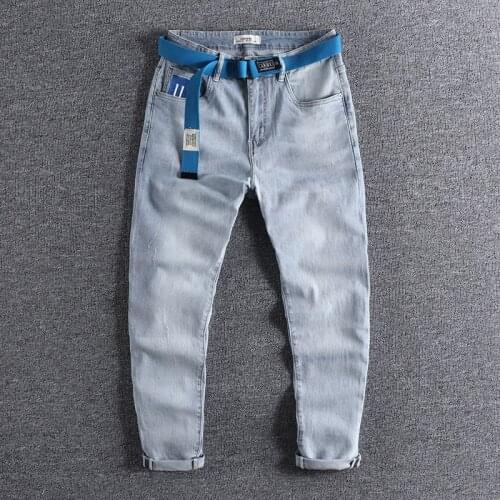 2021 With belt polished white, worn-out light blue jeans, mens American retro embroidery trend slim Leggings trouser 0829