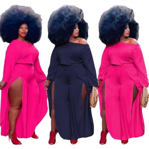 Fashion Two Piece Plus Size Womens Clothing Sexy Sloping Shoulder Personality Split Solid Color Loose Casual Trousers Suit