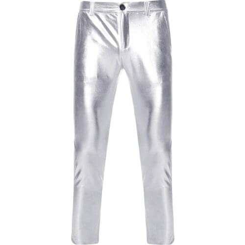 Mens PU Faux Motorcycle Pants Straight Leg Trousers 2022 Shiny Silver Coated Metallic Pants Men Nightclub Stage Costume Homme