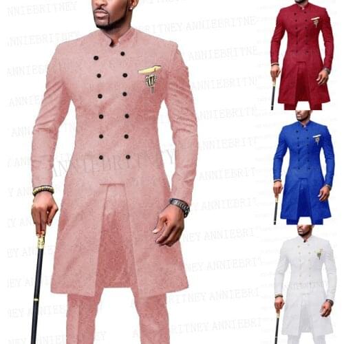 2021 Pink Jacquard Suit Men Long Blazer For Men Double Breasted Tailcoat Stand Collar Groom Wedding Jacket with Pants Marriage