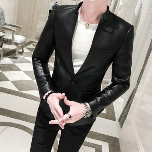 Solid Black Slim Fit Blazer Hombre PU Leather Jacket Men One Button Stand Collar Business Casual Blazers Men Korean Suit Coat