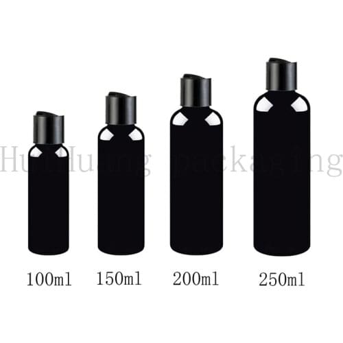 50pcs 100/150/200/250ml Empty Black Plastic Cosmetics Lotion Bottle With Disc Screw Lid Shampoo PET Containers Shower Gel bottle