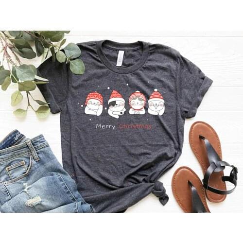 Christmas Cat Merry Catmas Shirt Mom Cat Dad Lover Owner Harajuku Short Sleeve Mama Top Tees O Neck Cotton Mother Casual Shirt