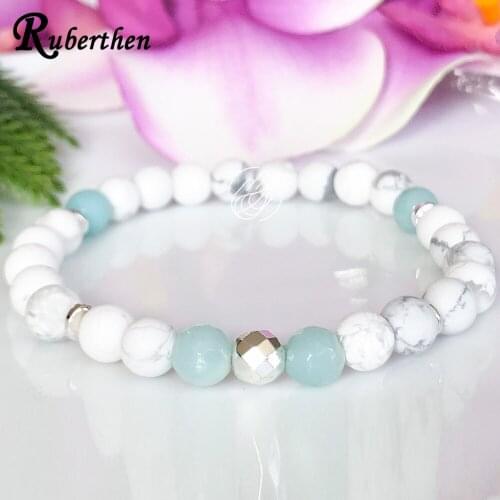 Ruberthen Natural Howlite Stress Relief Bracelet Calming Amazonite Yoga Mala Bracelet Healing Crystals Balance Spiritual Jewelry