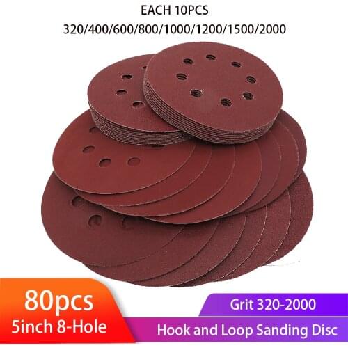 80pcs 125mm 8 Holes sanding Disc Round Red Sandpaper Self-adhesion Hoop and Loop Sand paper Grit 320-2000