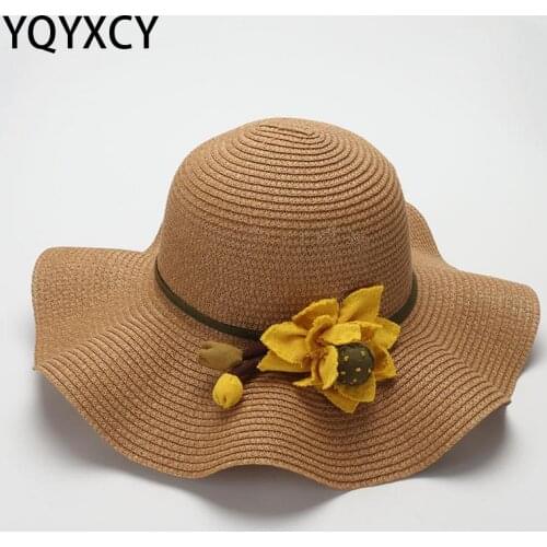YQYXCY Summer Straw Hat Women Wide Brim Sun Protection Flower Beach Hat Female Floppy Foldable Sun Hats for Women Ladies Gorro